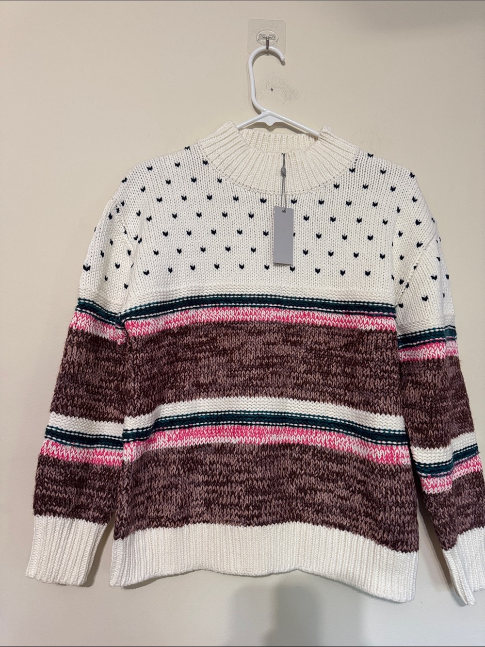 Striped Cowl-Neck Sweater in Cream, Pink & Brown